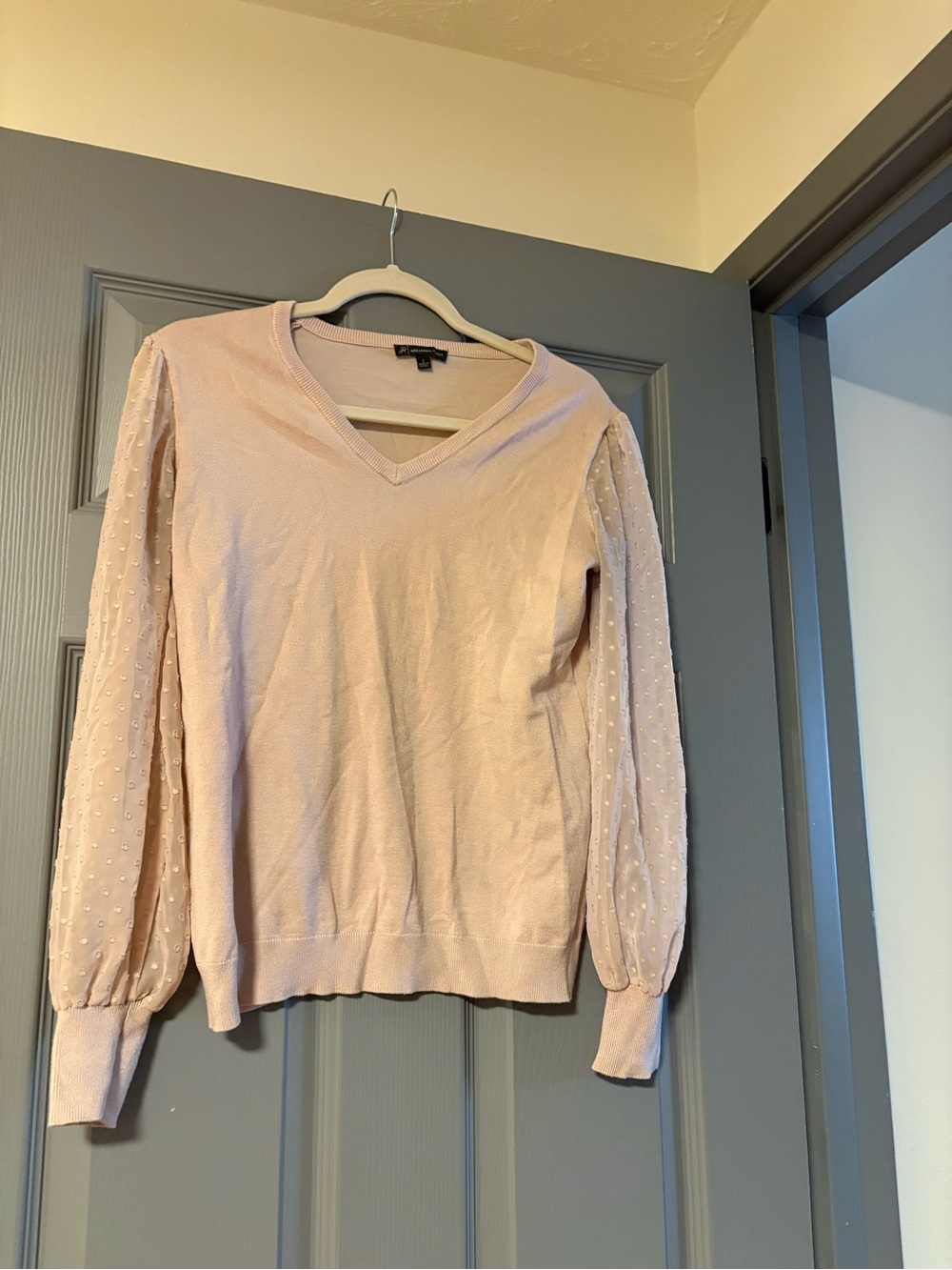 Adrianna Papell Light Pink V-Neck Sweater with Sheer Dot Balloon Sleeves